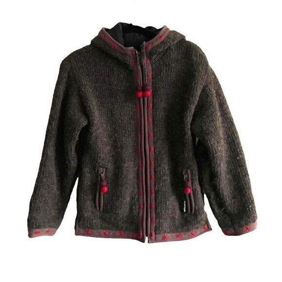 LAUNDROMAT Nepal Hooded Zip Front Fall Winter Jacket Sweater Fleece Brown M - Picture 1 of 9